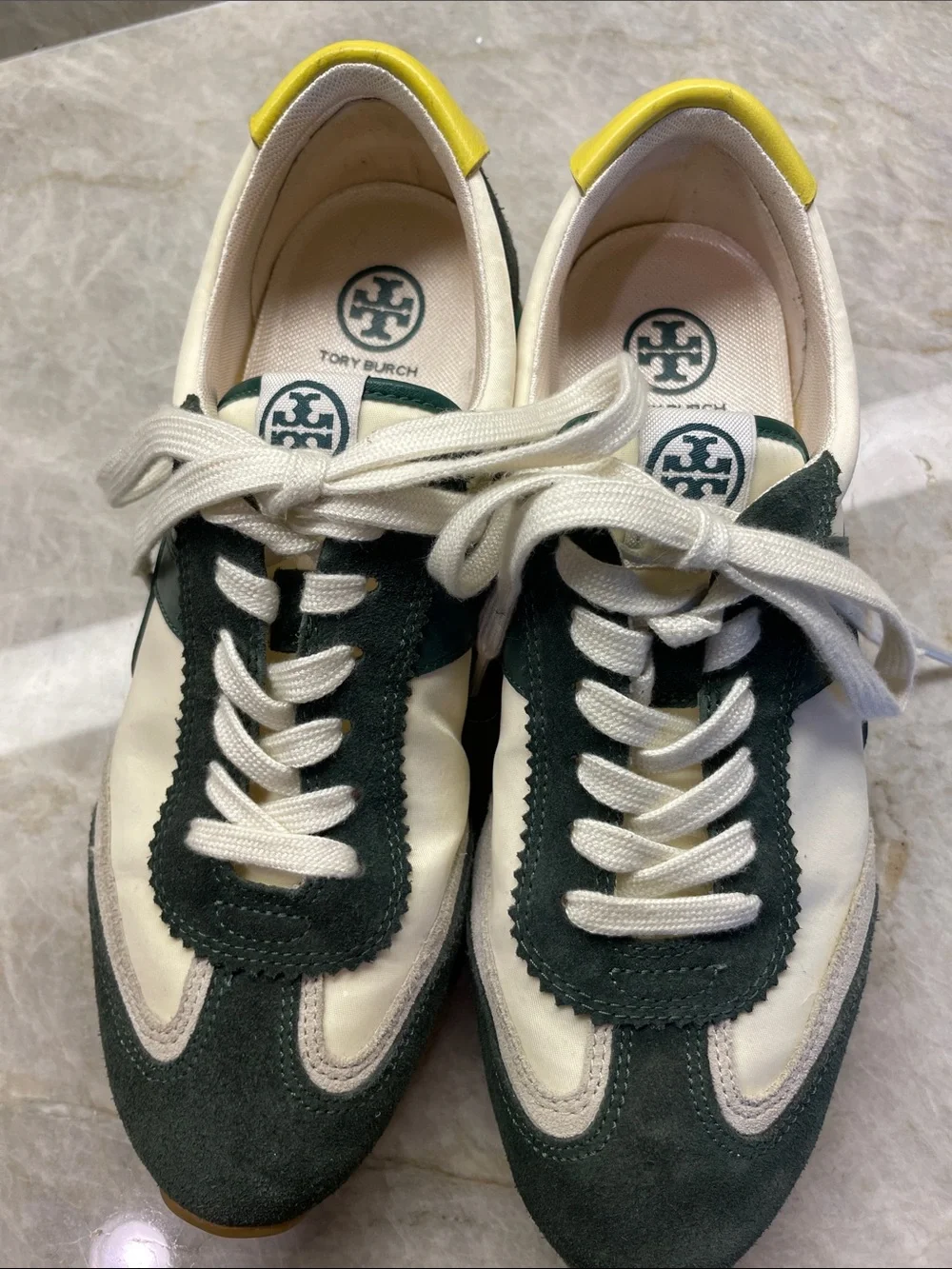 Tory Burch Green, White and Yellow Suede-Trim Lace-Up Sneakers